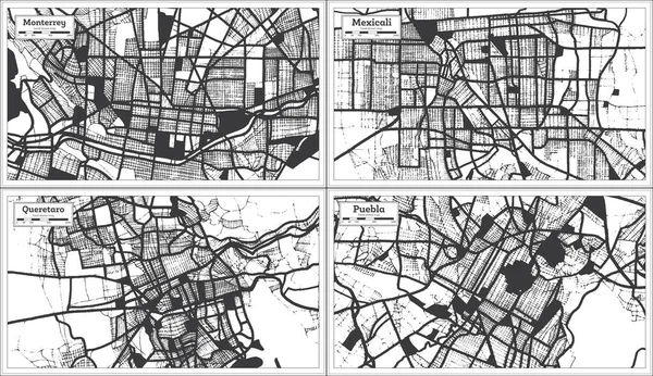 Querétaro Mexicali Puebla Monterrey México City Maps Set Black White — Foto de Stock