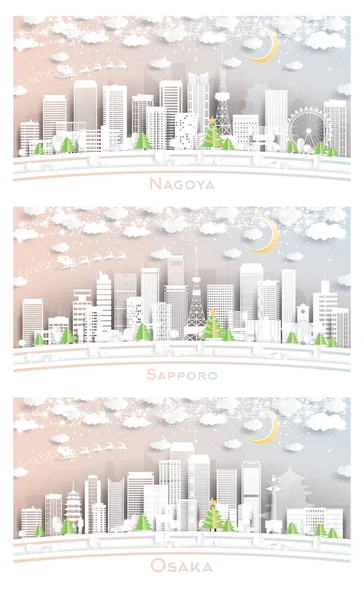 Sapporo, Osaka and Nagoya Japan City Skyline Set in Paper Cut Style with Snowflakes, Moon and Neon Garland.