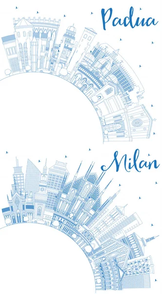 Esboço Pádua Milão Itália Cidade Skylines Set Com Edifícios Azuis — Fotografia de Stock