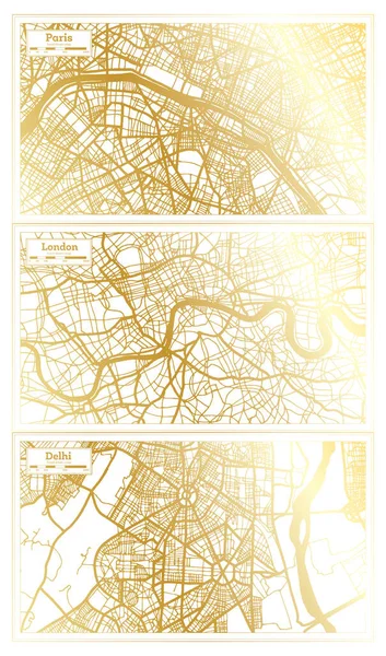 Delhi India, London UK and Paris France City Map Set in Retro Style in Golden Color. Outline Map.