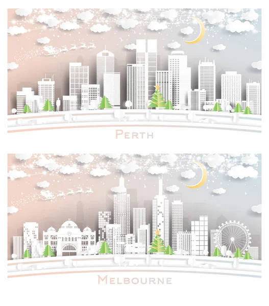 Melbourne Perth Austrálie City Skyline Set Papírovém Střihu Vločkami Měsíc — Stock fotografie