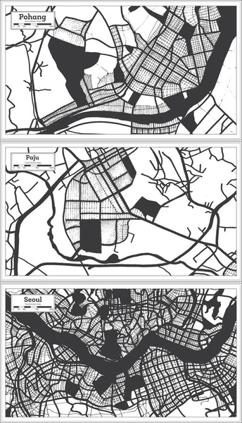 Paju Seoul Och Pohang South Korea City Maps Set Black — Stockfoto