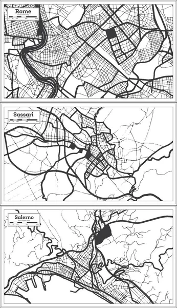 Sassari Salerno Rome Italy City Map Set Black White Color — стоковое фото