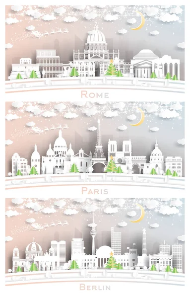 Παρίσι Γαλλία Βερολίνο Γερμανία Και Ρώμη Ιταλία Skylines Set Paper — Φωτογραφία Αρχείου
