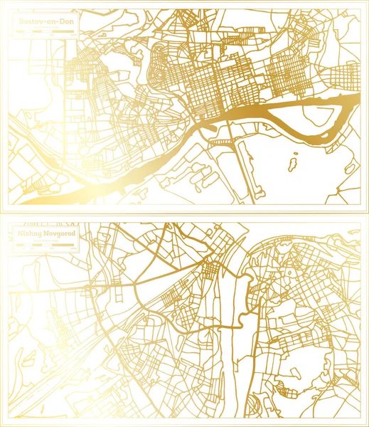 Nizhny Novgorod and Rostov on Don Russia City Map Set in Retro Style in Golden Color. Outline Map.