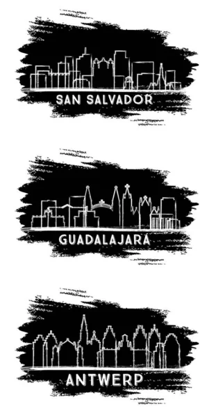 Guadalajara Mexico Antwerpia Belgium San Salvador City Skyline Silhouettes Set — Zdjęcie stockowe