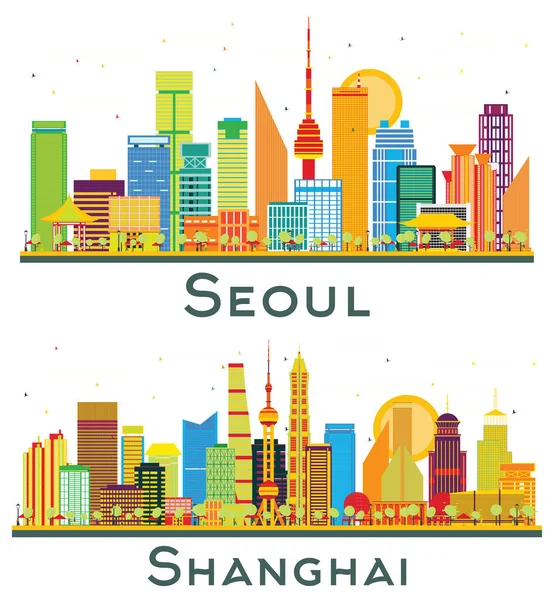 Shanghai China Seoul Korea Południowa City Skyline Set Color Buildings — Zdjęcie stockowe