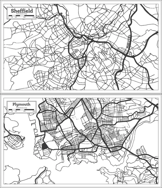 Plymouth Sheffield Great Britain City Map Set Black White Color — Stock Photo, Image