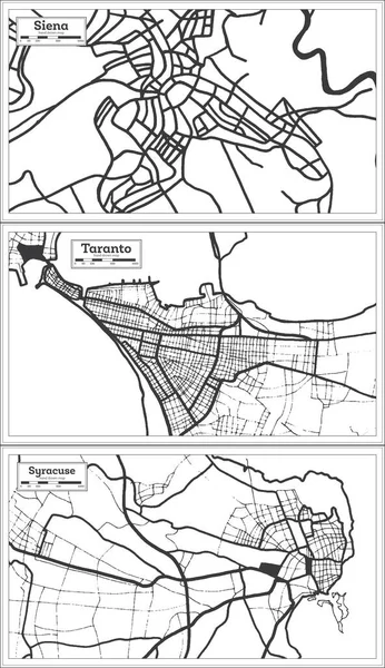 ターラント シラキュース シエナイタリア市地図レトロなスタイルで黒と白の色に設定します 概要図 — ストック写真
