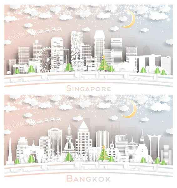 Bangkok Thailand Och Singapore City Skyline Set Paper Cut Style — Stockfoto