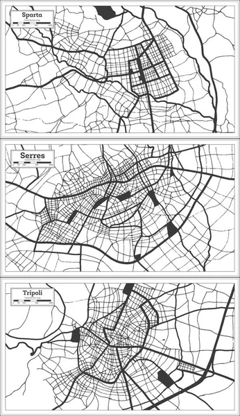 塞勒斯 的黎波里和斯巴达希腊城市地图设置为黑色和白色复古风格 概要地图 — 图库照片