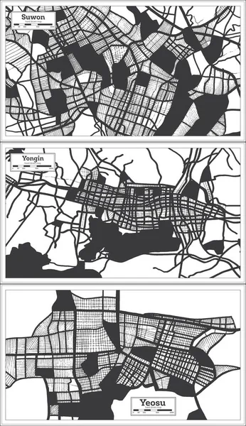 Χάρτες Yongin Yeosu Και Suwon South Korea City Μαύρο Και — Φωτογραφία Αρχείου