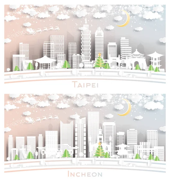 Incheon Südkorea Und Taipei Taiwan City Skyline Papierschnitt Stil Mit — Stockfoto