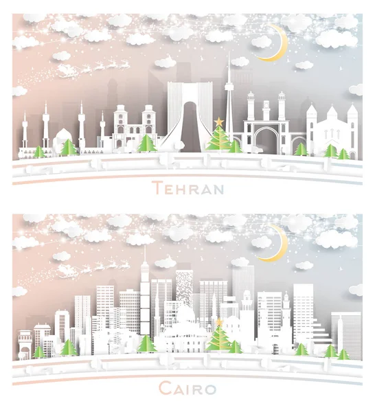 Kairo Ägypten Und Teheran Iran City Skyline Papierschnitt Stil Mit — Stockfoto