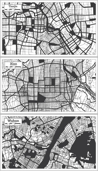 Χάρτες Xian Wuhan Και Tianjin China City Μαύρο Και Άσπρο — Φωτογραφία Αρχείου