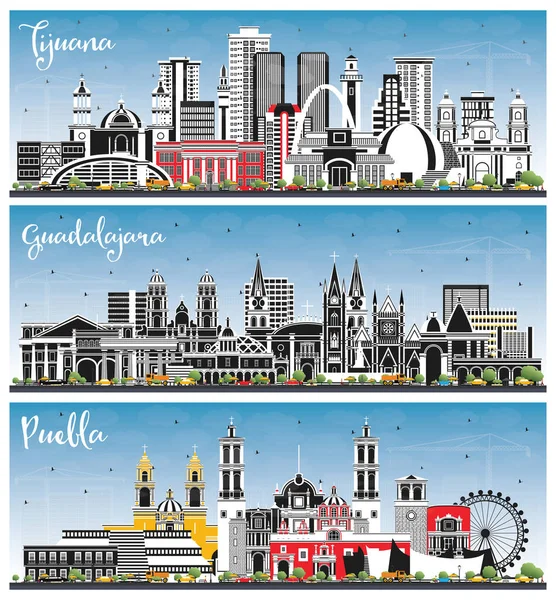 Puebla Guadalajara Tijuana Mexico City Skylines Med Color Buildings Och — Stockfoto