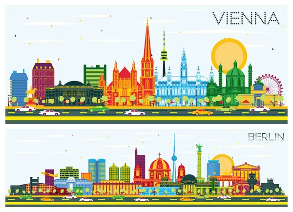Berlin Germany Vienna Austria City Skyline Set Color Buildings Blue — стокове фото