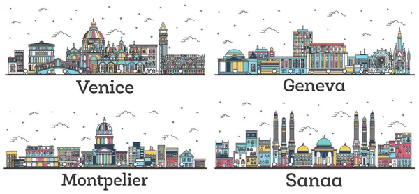 蒙彼利埃佛蒙特州 瑞士日内瓦 也门萨那和意大利威尼斯市与白色建筑隔离的天空轮廓 — 图库照片