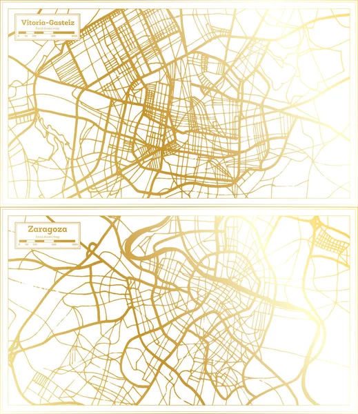 Zaragoza ve Vitoria Gasteiz İspanya Şehir Haritası Altın Renkli Retro Stili ile hazırlanmıştır. Özet Haritası.