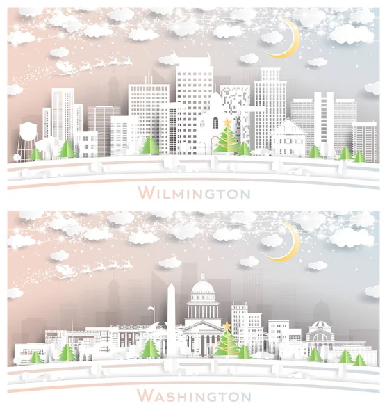 华盛顿特区和威尔明顿特拉华州美国城市天际线设置的剪纸风格与雪花 月亮和霓虹灯加兰 — 图库照片