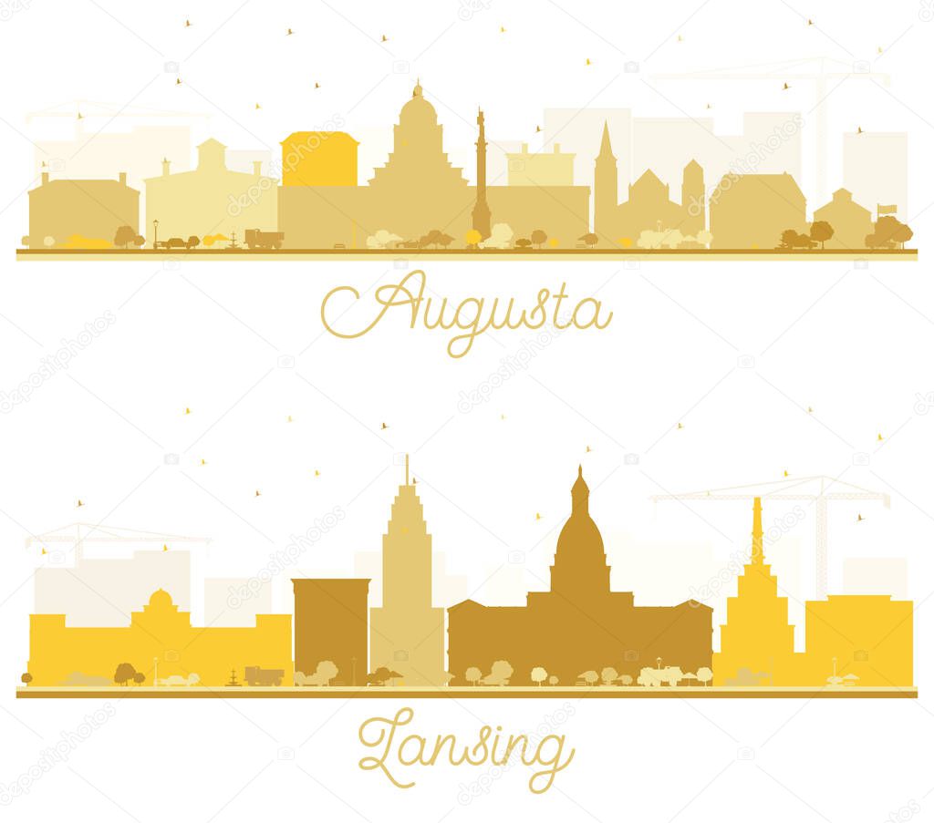 Lansing Michigan and Augusta Maine City Skyline Silhouettes Set with Golden Buildings Isolated on White.