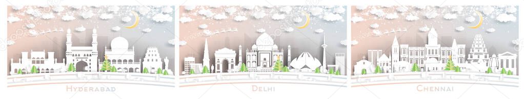 Delhi, Chennai and Hyderabad India City Skyline Set in Paper Cut Style with Snowflakes, Moon and Neon Garland.