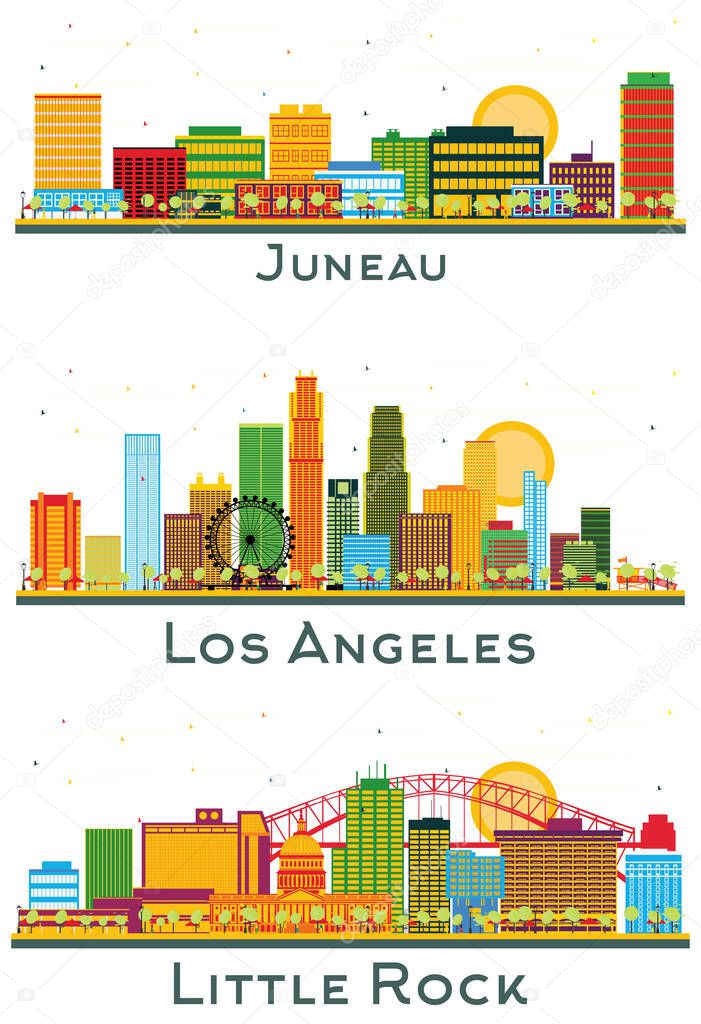 Los Angeles California, Little Rock Arkansas and Juneau Alaska City Skyline Set with Color Buildings Isolated on White.