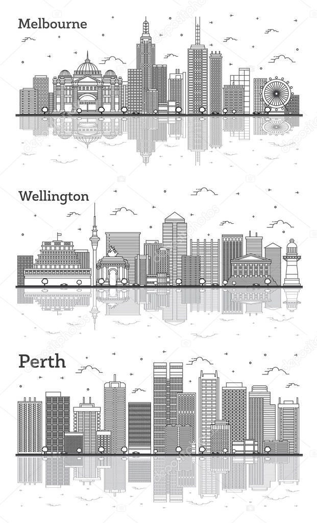 Outline Wellington New Zealand, Perth and Melbourne Australia City Skylines Set with Modern and Historic Buildings with Reflections Isolated on White. Cityscapes with Landmarks.