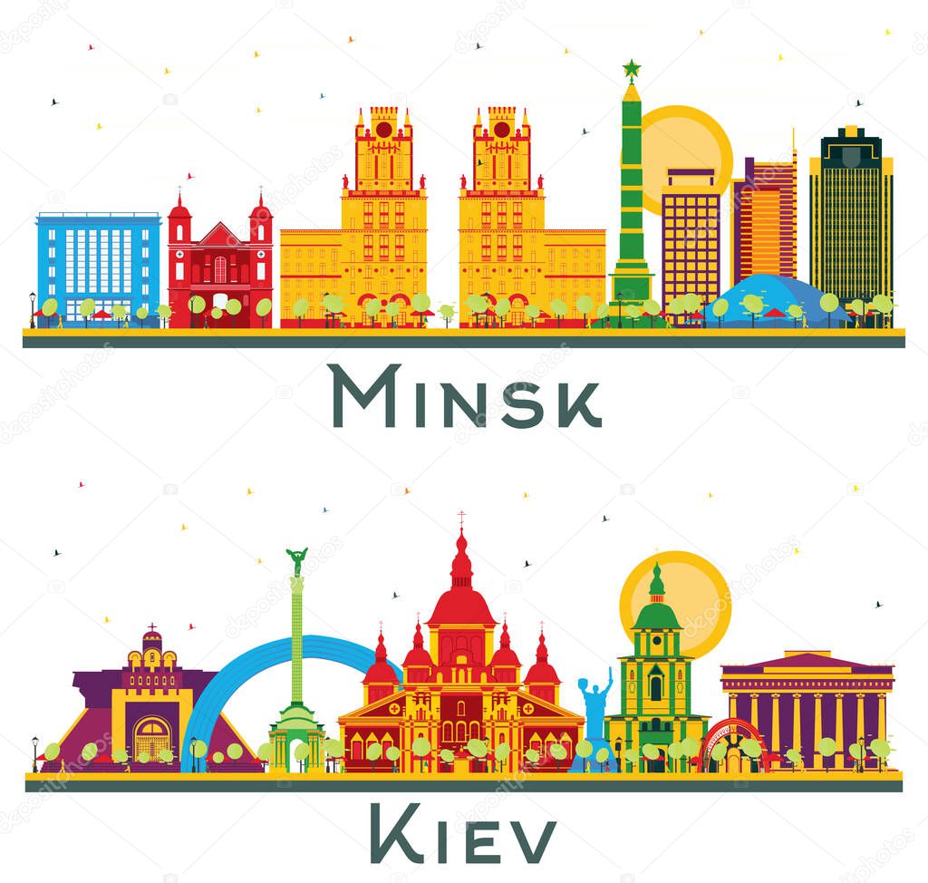 Kiev Ukraine and Minsk Belarus City Skyline Set with Color Buildings Isolated on White.