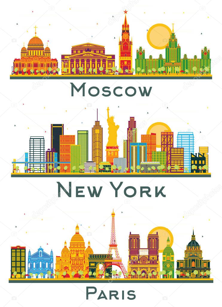 Paris France, New York USA and Moscow Russia City Skylines Set with Color Buildings Isolated on White. Business Travel and Tourism Concept with Historic Architecture.