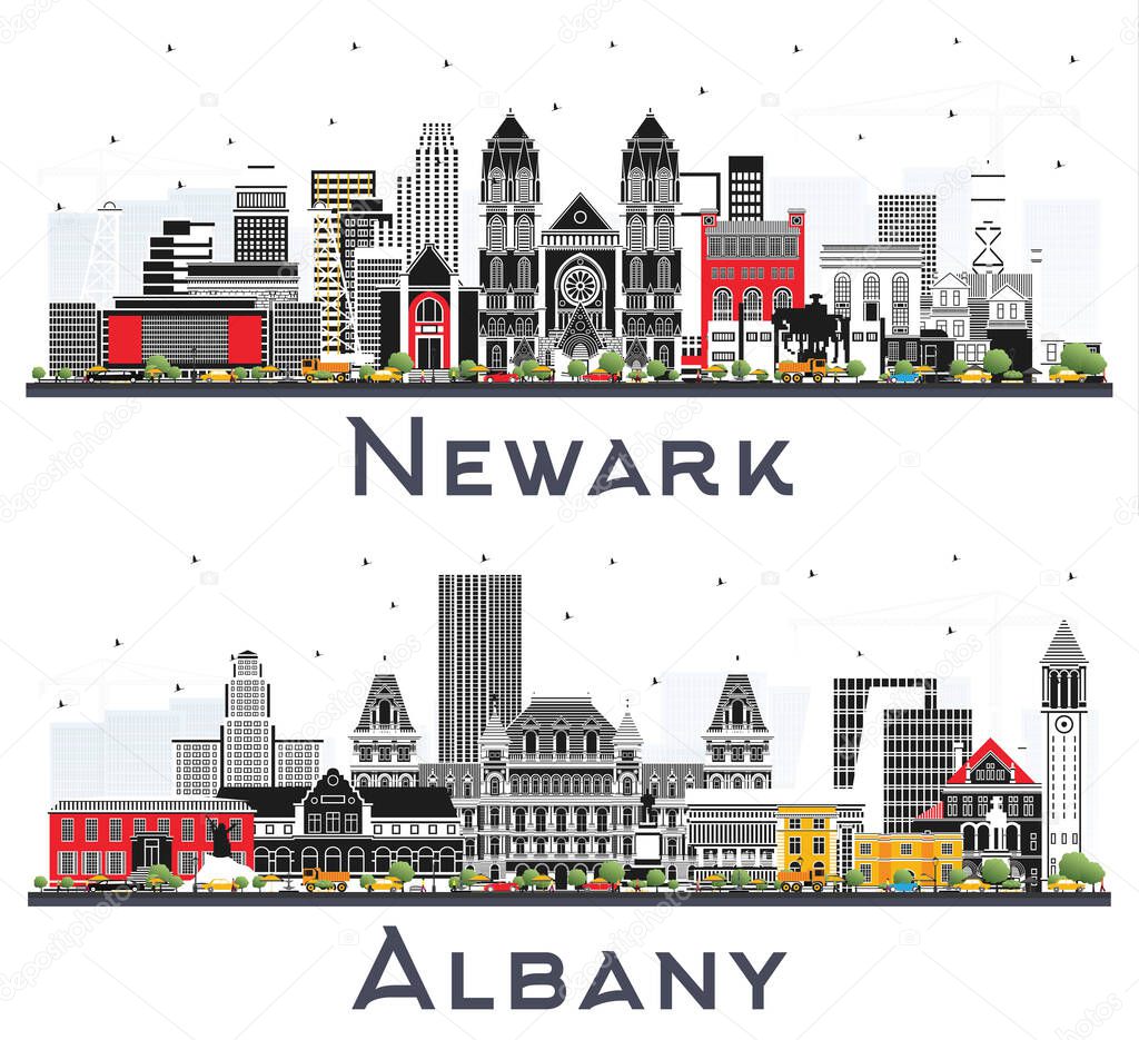 Albany and Newark New Jersey City Skylines Set with Color Buildings Isolated on White. Cityscapes with Landmarks.