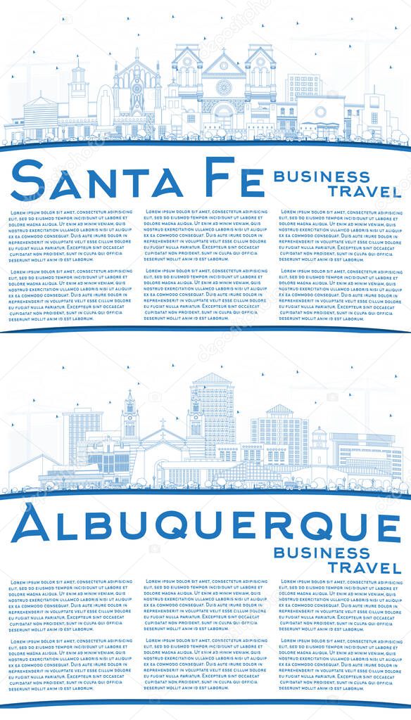 Outline Albuquerque and Santa Fe New Mexico City Skyline Set with Blue Buildings and Copy Space.