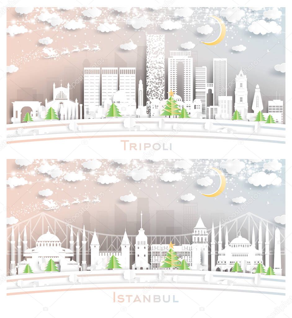 Istanbul Turkey and Tripoli Libya City Skyline Set in Paper Cut Style with Snowflakes, Moon and Neon Garland.