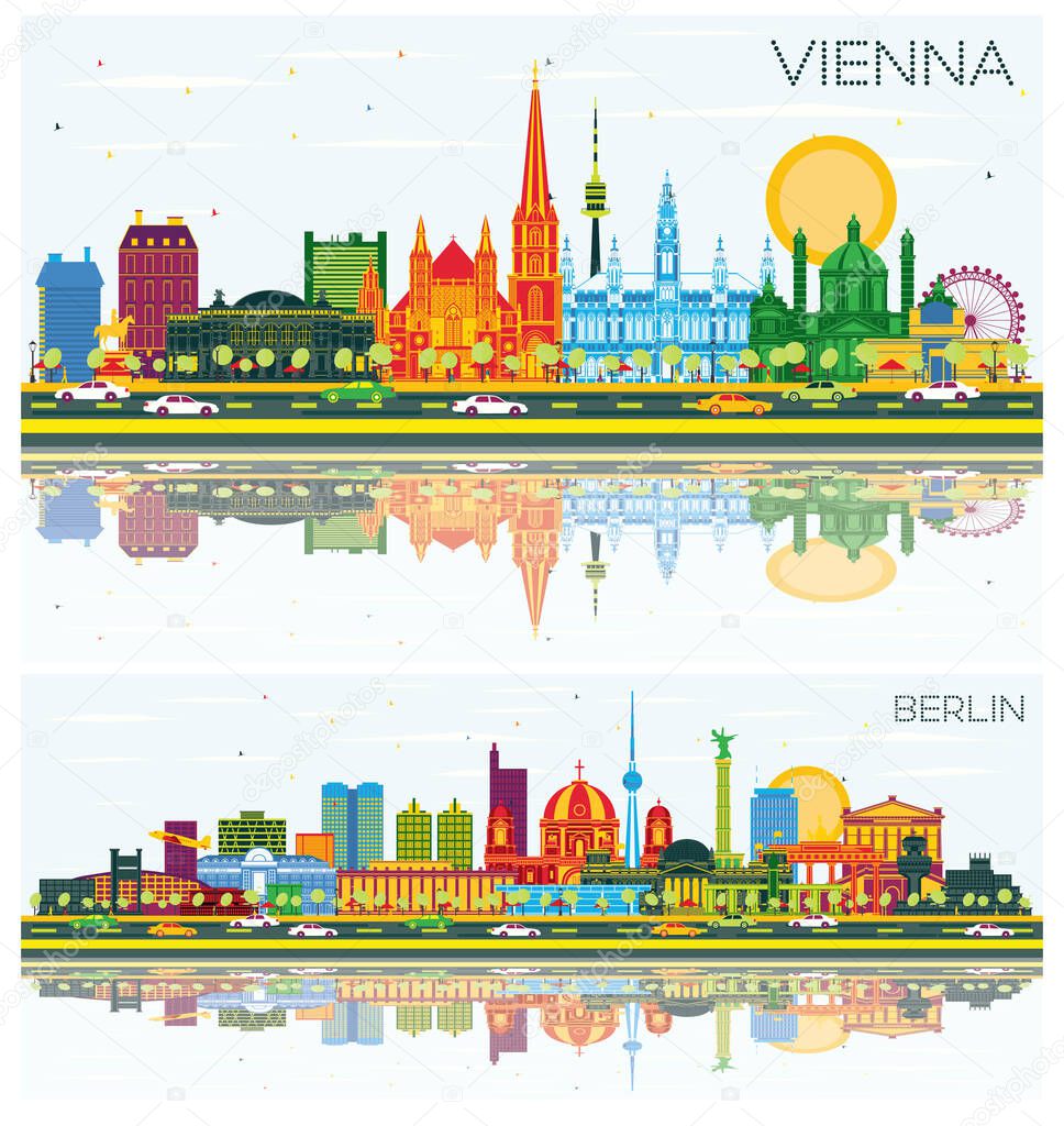 Berlin Germany and Vienna Austria City Skyline Set with Color Buildings, Blue Sky and Reflections. Business Travel and Tourism Concept with Historic Architecture.
