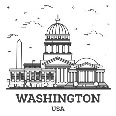 Washington DC 'nin ana hatlarını oluşturan Skyline üzerinde Modern Binalar izole edildi. Vektör İllüstrasyonu. Tarihi Simgelerle Washington DC Şehri.
