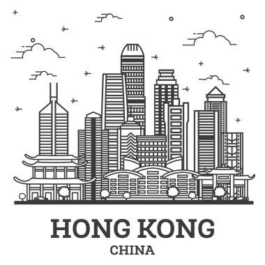 Hong Kong şehrinin ana hatları, beyaza izole edilmiş modern binalar. Vektör İllüstrasyonu. Tarihi Simgeli Hong Kong Şehri.