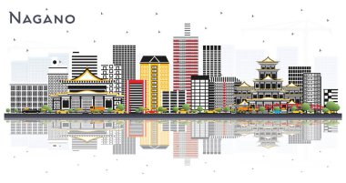 Nagano Japon Şehri, Beyaz Arkaplan 'da Renkli Binalar ve Yansımaları Olan Skyline. Vektör İllüstrasyonu. Modern Mimariyle Seyahat ve Turizm Konsepti. Tarihi Simgeli Nagano Şehri.