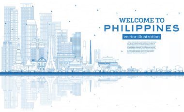 Özet: Mavi Binalar ve Yansımalarla Filipinler Şehri Skyline 'ına hoş geldiniz. Vektör İllüstrasyonu. Tarihsel Mimarlık. Tarihi işaretli Filipinler şehri. Manila, Quezon, Davao, Cebu.