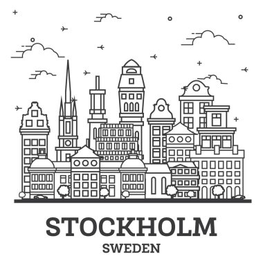 Stockholm City Skyline 'ın ana hatları. Tarihi Binalar beyazlar üzerinde izole edilmiş. Vektör İllüstrasyonu. Stockholm Kent Simgeleriyle.