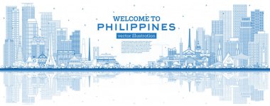 Özet: Mavi Binalar ve Yansımalarla Filipinler Şehri Skyline 'ına hoş geldiniz. Vektör İllüstrasyonu. Tarihsel Mimarlık. Tarihi işaretli Filipinler şehri. Manila, Quezon, Davao, Cebu.