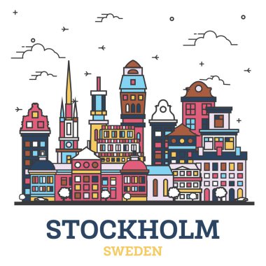 Stockholm City Skyline 'ın ana hatlarıyla Modern Renkli Binalar beyaza izole edildi. Vektör İllüstrasyonu. Stockholm Kent Simgeleriyle.