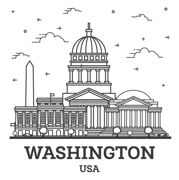 Очертить Небосклон Вашингтона Округ Колумбия Сша Современными Зданиями Изолированными Белым — стоковый вектор