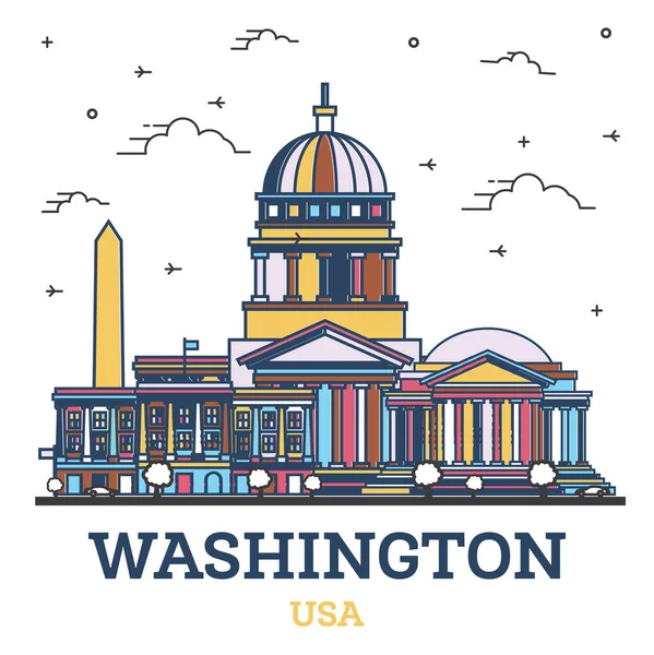 华盛顿特区美国城市天际线轮廓 色彩建筑与白色隔离 病媒说明 华盛顿特区有地标的城市景观 — 图库矢量图片
