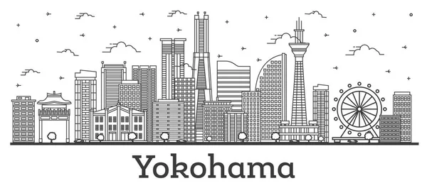 概要白を基調とした近代的な建物が立ち並ぶ横浜市スカイライン ベクトルイラスト ランドマークのある横浜市の風景 — ストックベクタ