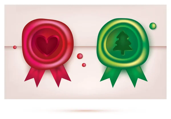 リボン付きワックスシールセット エンベロープのレトロスタンプ 緑の新年のワックスシールとバレンタインデーのための赤いスタンプ ベクターイラスト — ストックベクタ