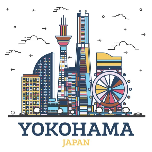 Yokohama Nın Ana Hatları Japon Şehri Skyline Modern Renkli Binalar — Stok Vektör