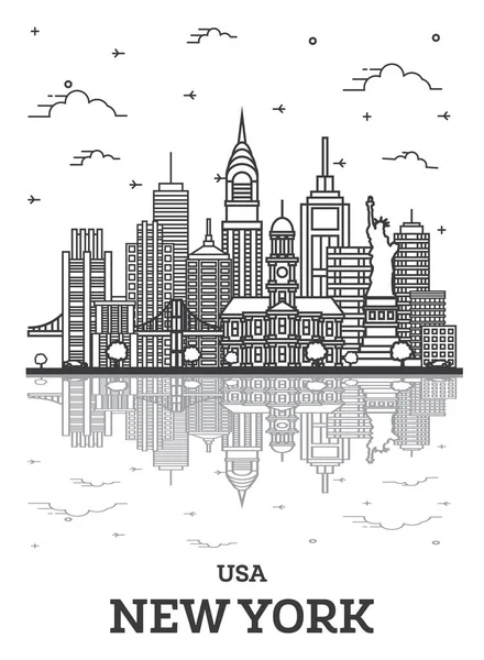 Outline New York Usa City Skyline Met Moderne Gebouwen Reflecties — Stockvector