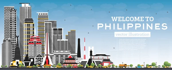 Bienvenue Philippines City Skyline Avec Bâtiments Gris Ciel Bleu Illustration — Image vectorielle