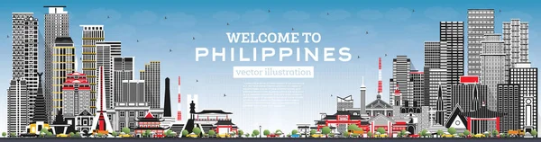 Bienvenue Philippines City Skyline Avec Bâtiments Gris Ciel Bleu Illustration — Image vectorielle