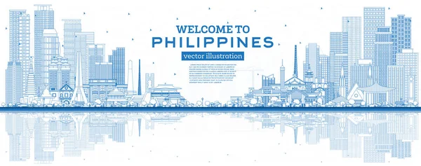 Outline Welkom Bij Philippines City Skyline Met Blue Buildings Reflections — Stockvector